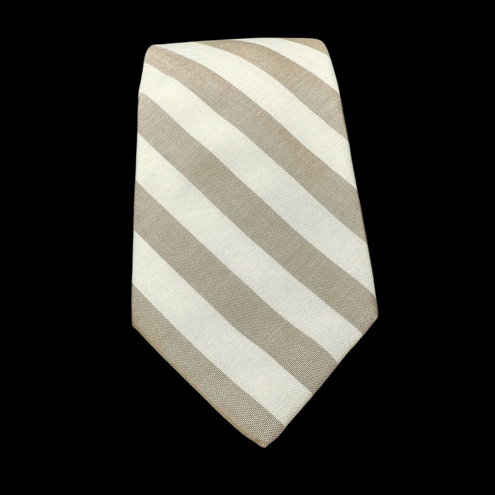 Albert Nipon Tan White Striped Cotton Necktie Hand Made Men's Tie